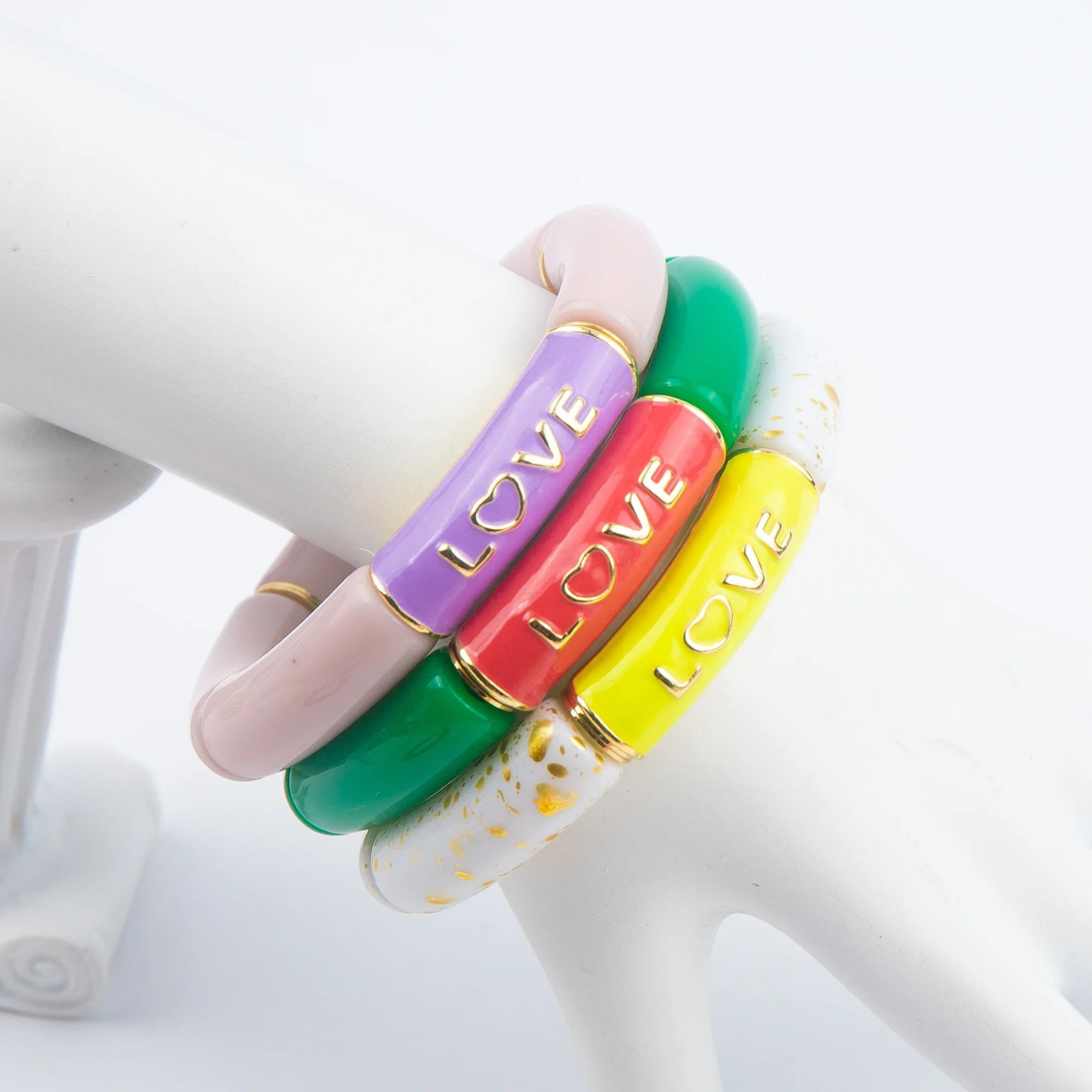 Rainbow Colorful Enamel Words Love Heart Beads Bracelets Bangles For Girls