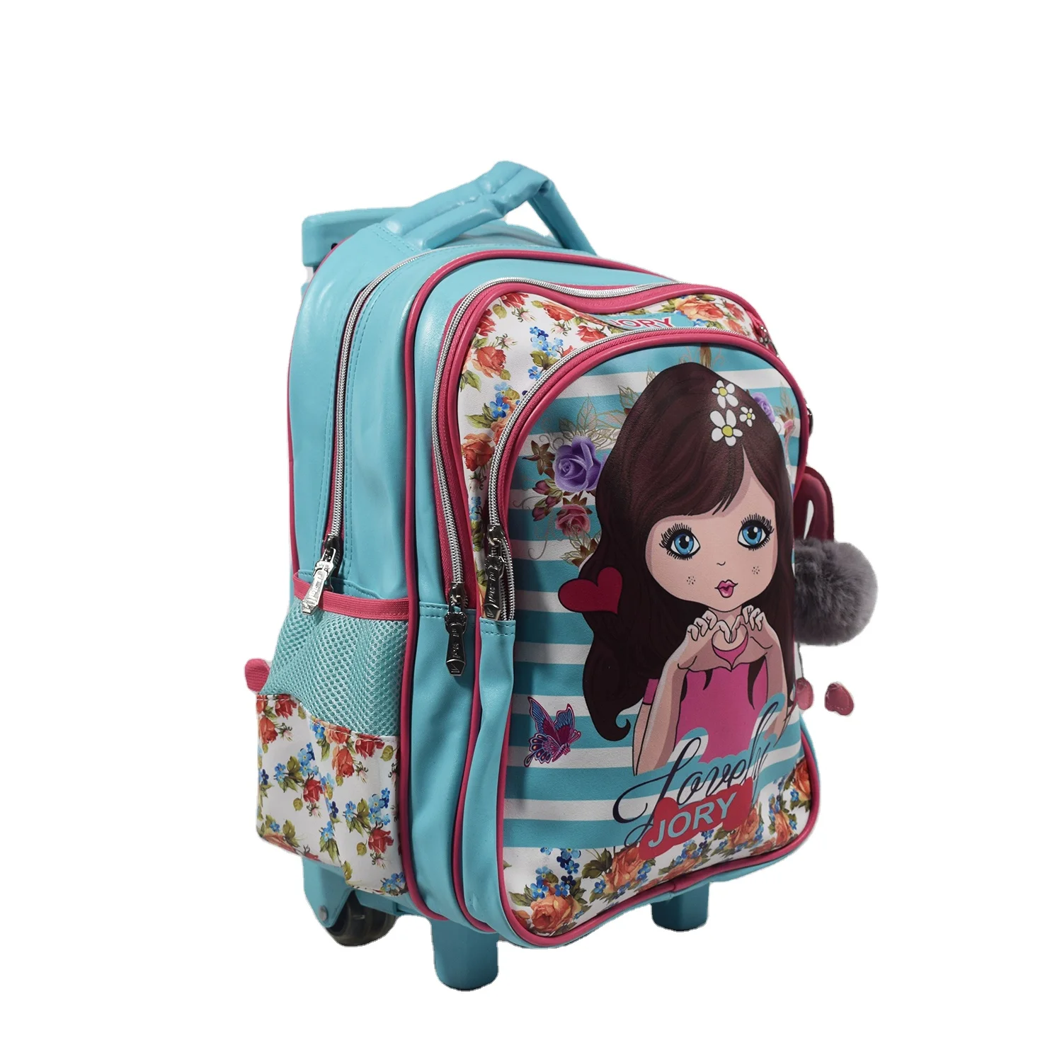Wholesale Girls Stylish Cartoon Kids School Bag Large Capacity Portable Students Trolley Backpack Wheels Fashionable Design