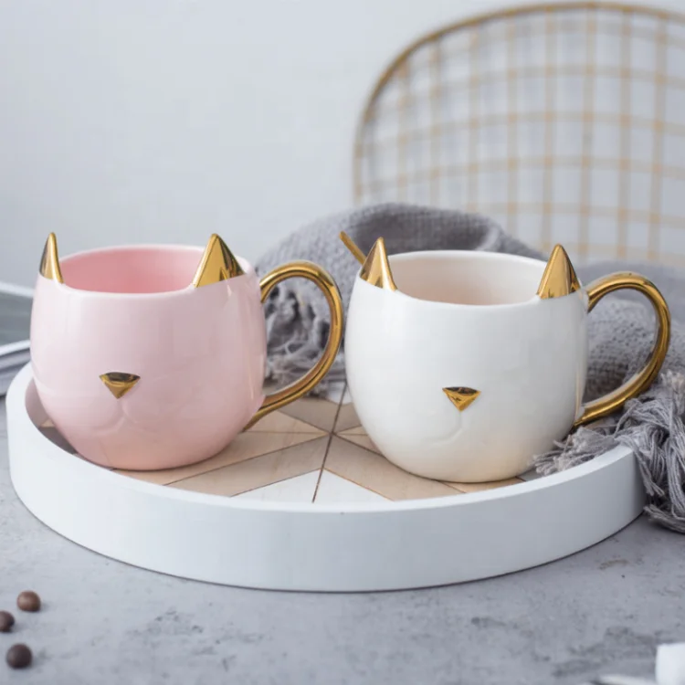 Simple Gold Cat Shape Student Couple Gift Drinking Cup Office Coffee Ceramic Mug