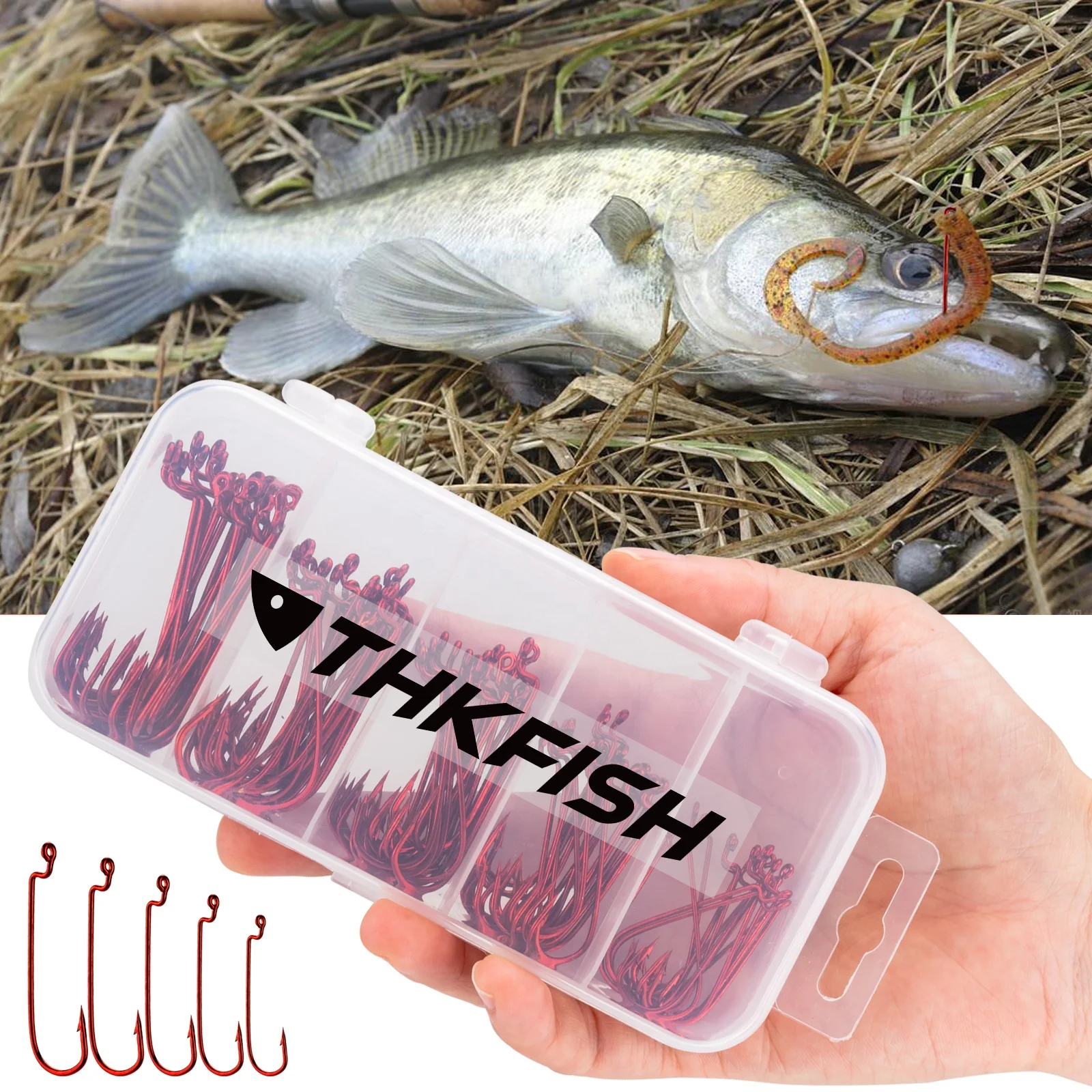 
50pcs or 100pcs boxed different sizes red colour sharp barb boxed offset fishing hooks 