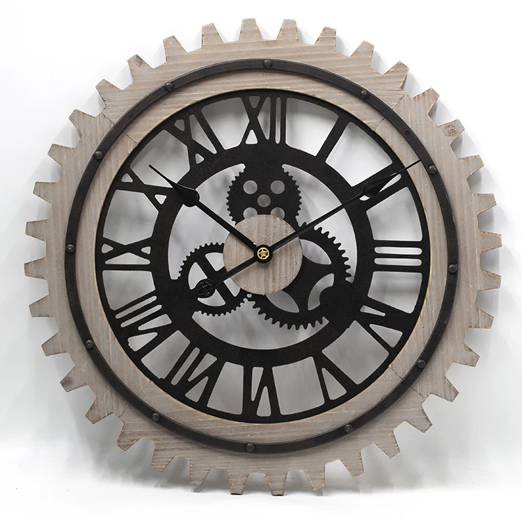 24 Inch Vintage Gear With Retro Battery Operated Non Ticking Glass Face Cover Rustic Round Roman Numerals Wooden Wall Clock