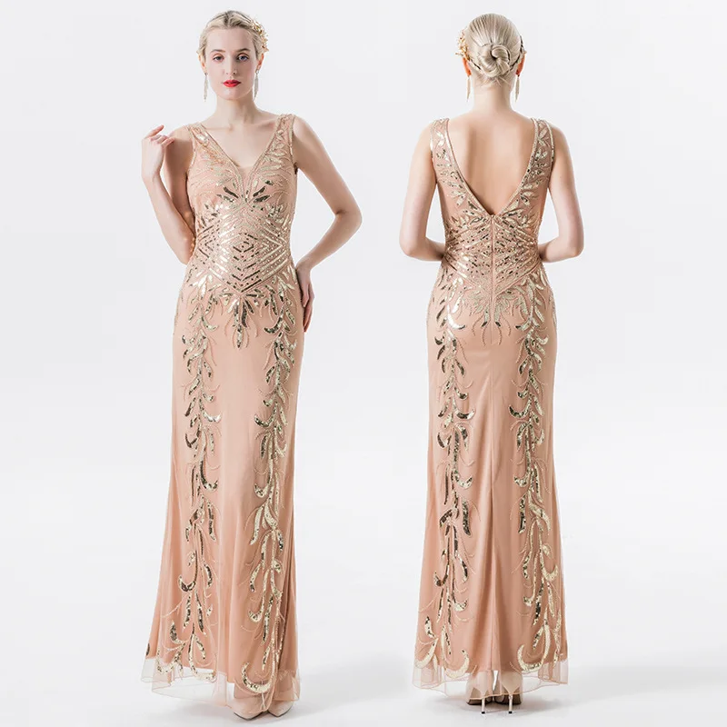 Sequins Evening Dresses V Neck Slim Sleeveless Long Formal Masquerade Dresses