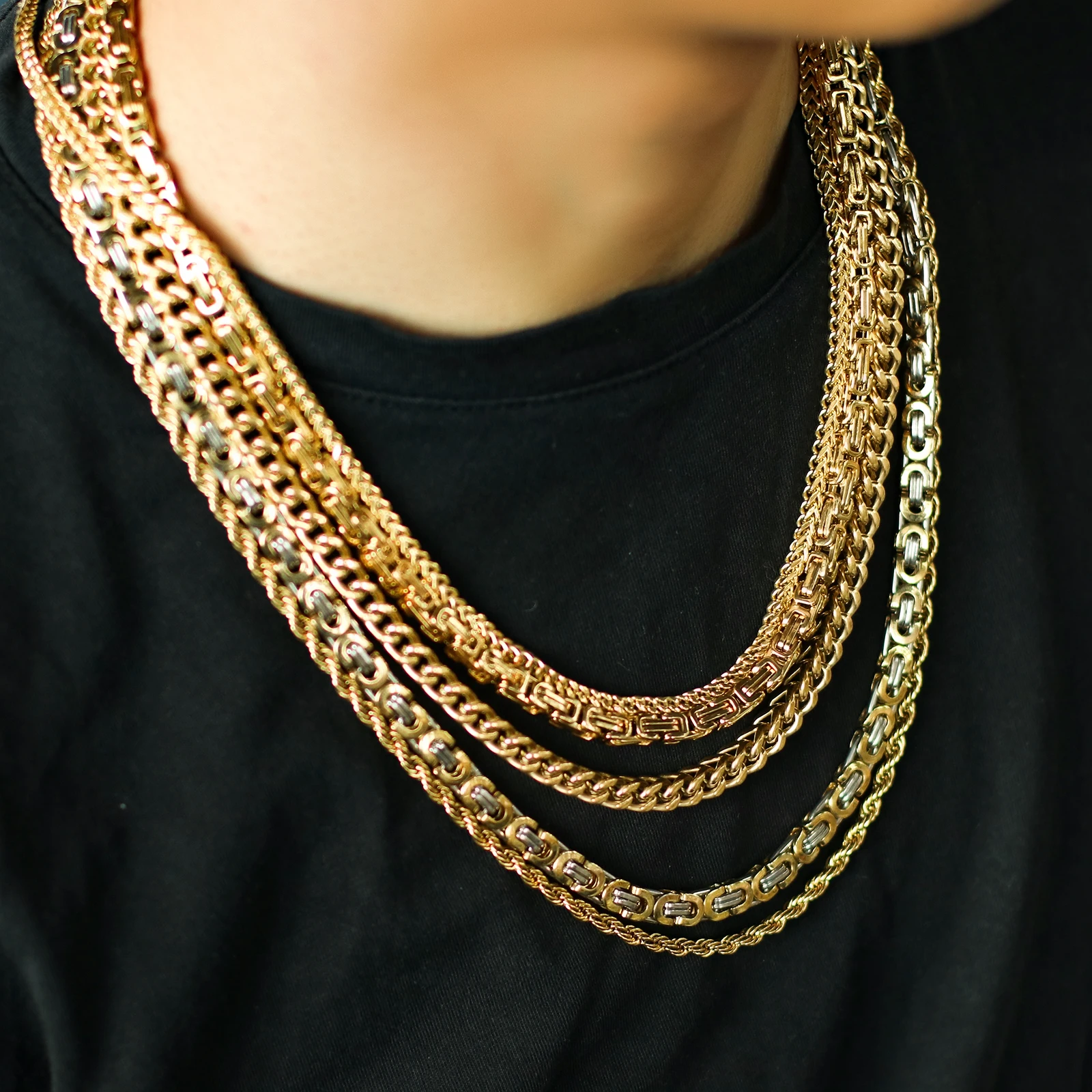 Trendy Mens Jewelry Fashion 14K 18K Solid Gold Plated Pendant Stainless Steel Cable Necklace Link Chain Figaro Rope Chain