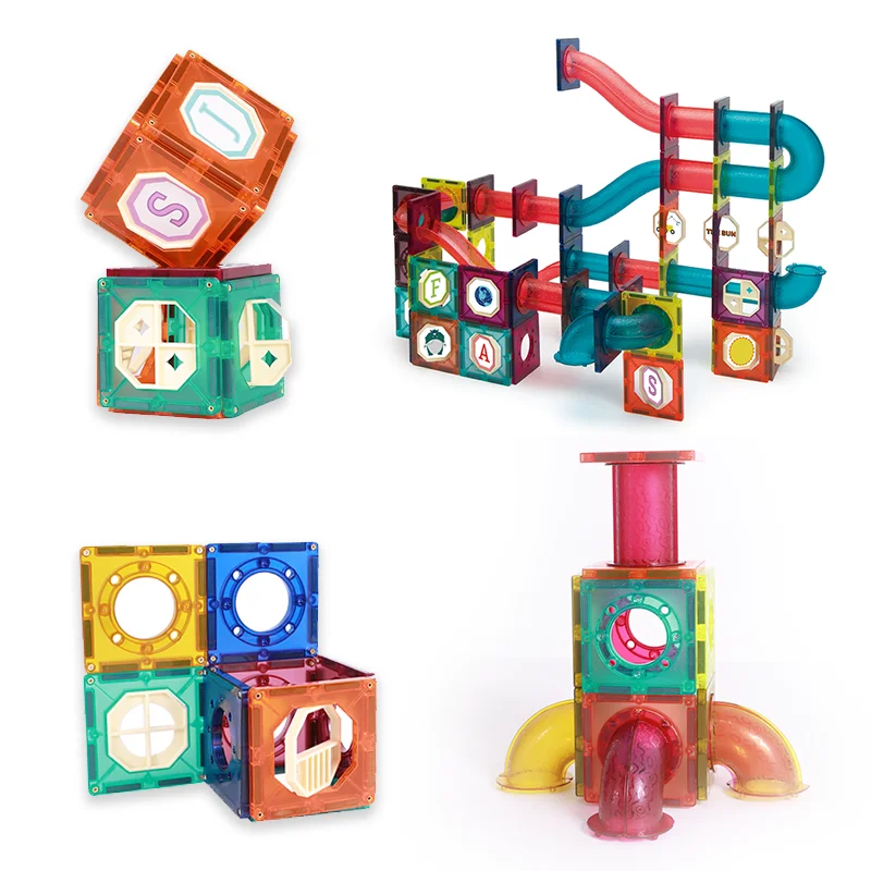 DIY Balls Building Running Roller Coaster Magnetic Maze Race Set Marble Run Tiles