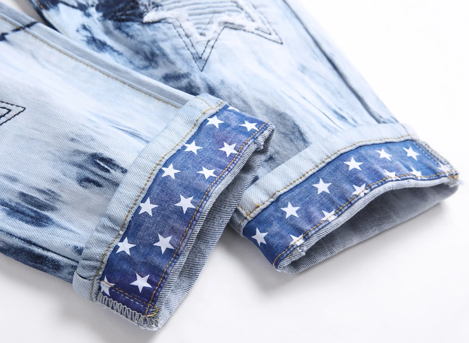 Youth Street Hipster European and American Style Embroidery With Bleached Hem Fashion Stretch Denim Pants