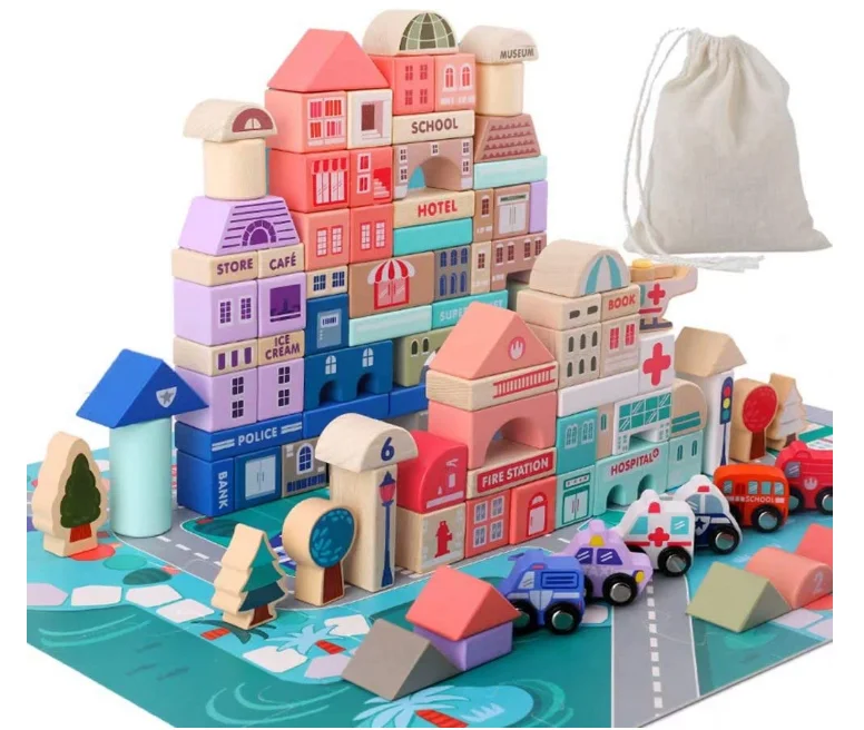 115 Pieces Construction Toys for Toddlers Preschool Age Wooden toy Building Blocks Set with Play Mat Puzzle