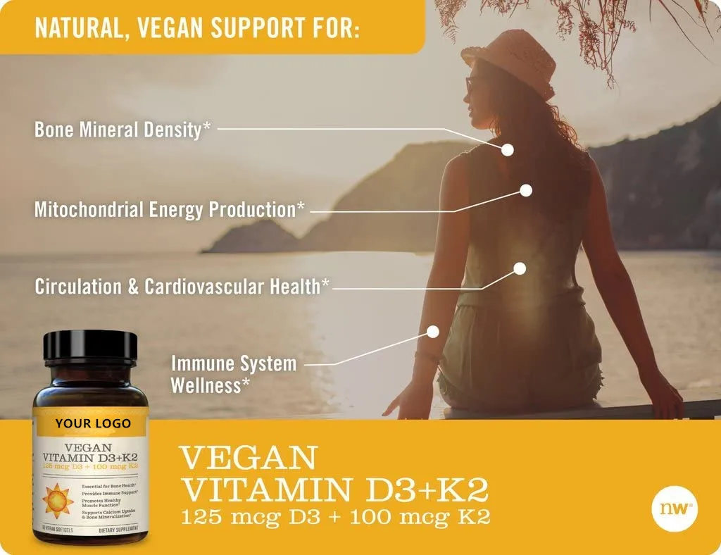 Vegan Vitamin D3 5000iu (125 mcg) + Vitamin K2 (100mcg VitaMK7) Healthy Muscle Function, and Immune Support