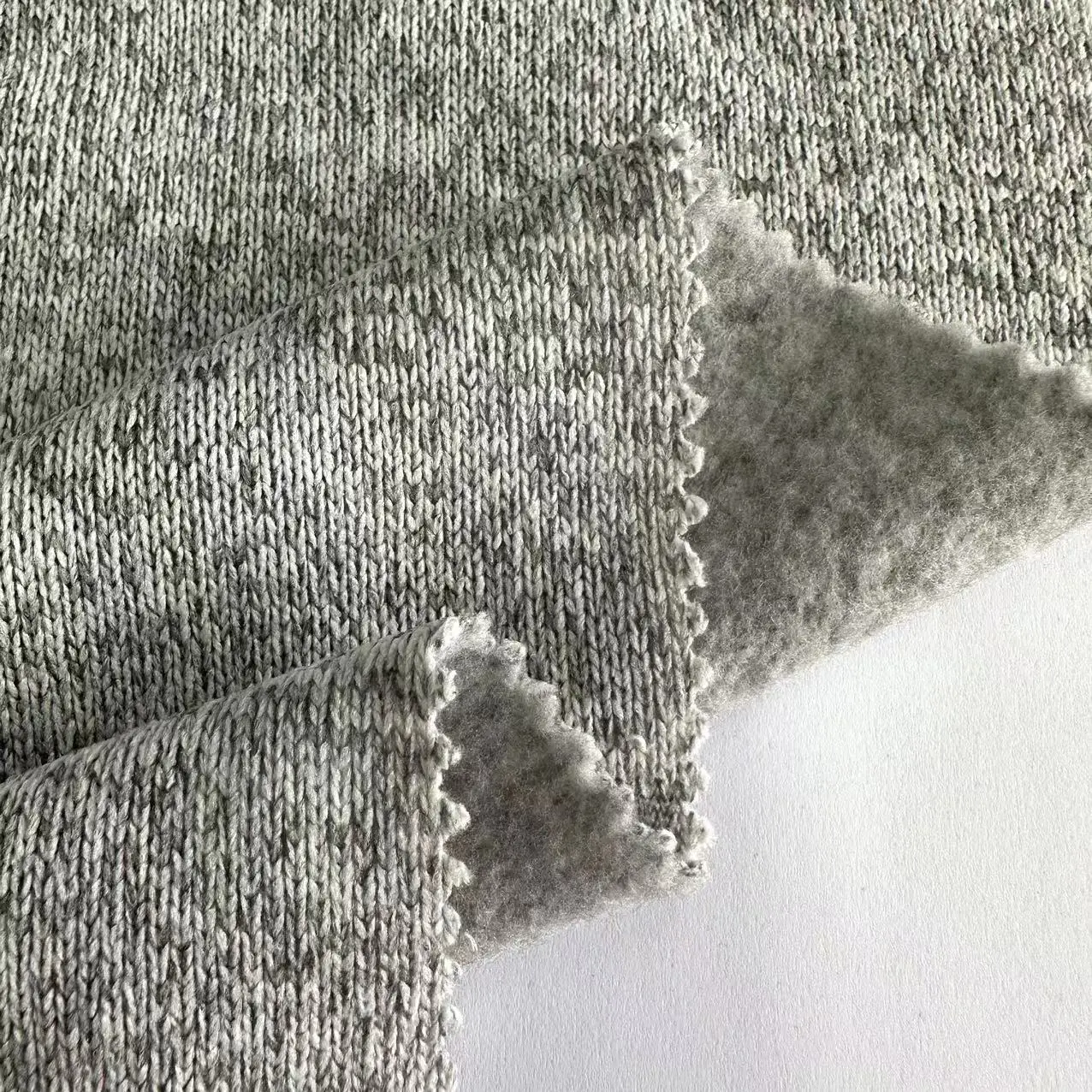 Garment 270gsm 100% Polyester hemp grey coarse needle rib fabric melange Hacci brushed fleece Fabric for winter clothing