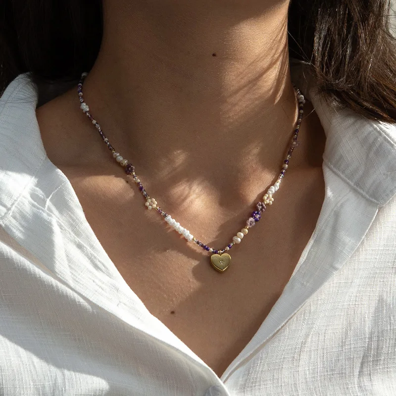 Stainless steel colorful elegant beaded flower heart pendant necklace for women girl