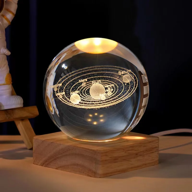 Горячая Распродажа, 60 мм 3D лазерная гравировка, Хрустальный Галактический шар с теплой деревянной светодиодной подсветкой