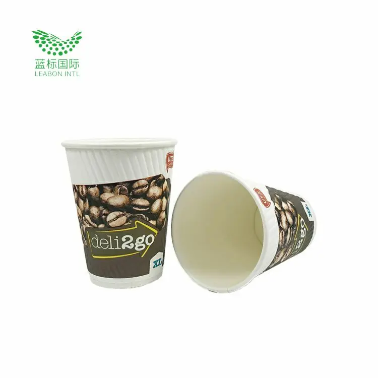 Custom Logo Printing Hot Coffee Single Ripple Double Wall paper cups Disposable Cold Paper Cup with lids