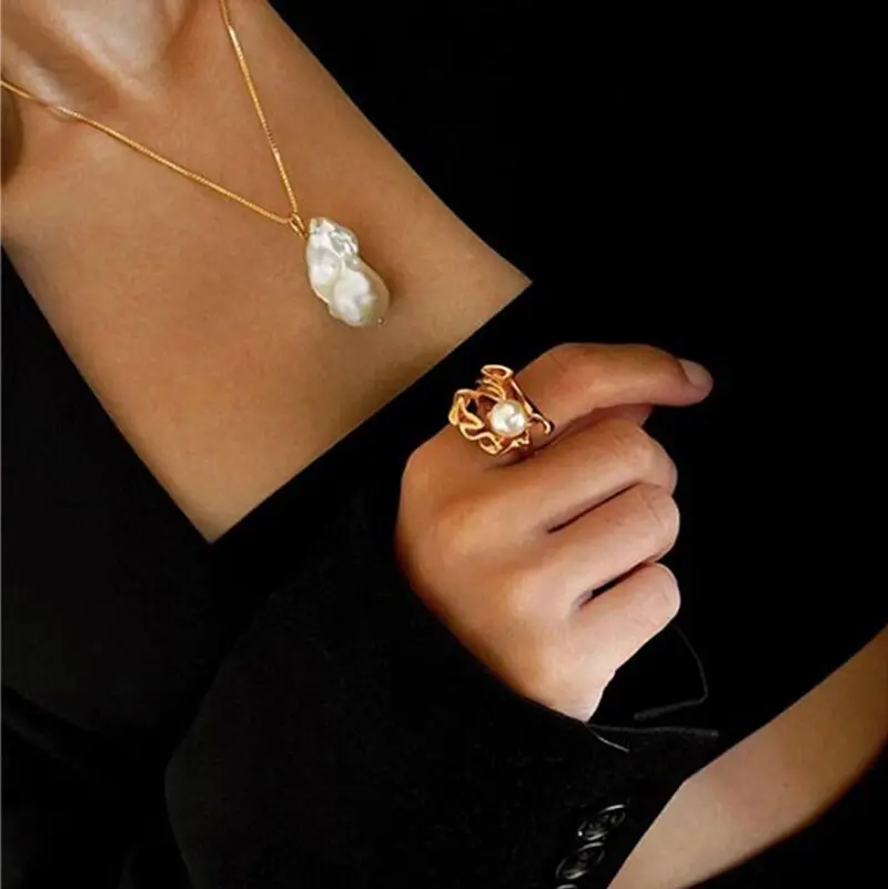 Brass 18K Gold Plated Imitation Pearl Folded Irregular Rings for Women