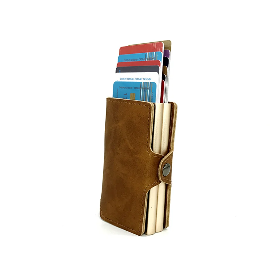 RFID Blocking PU Leather Wallet With Two Aluminum Automatic Card Boxes Pop Up Metal Cards Case Holder Slim Wallet Portable Clip