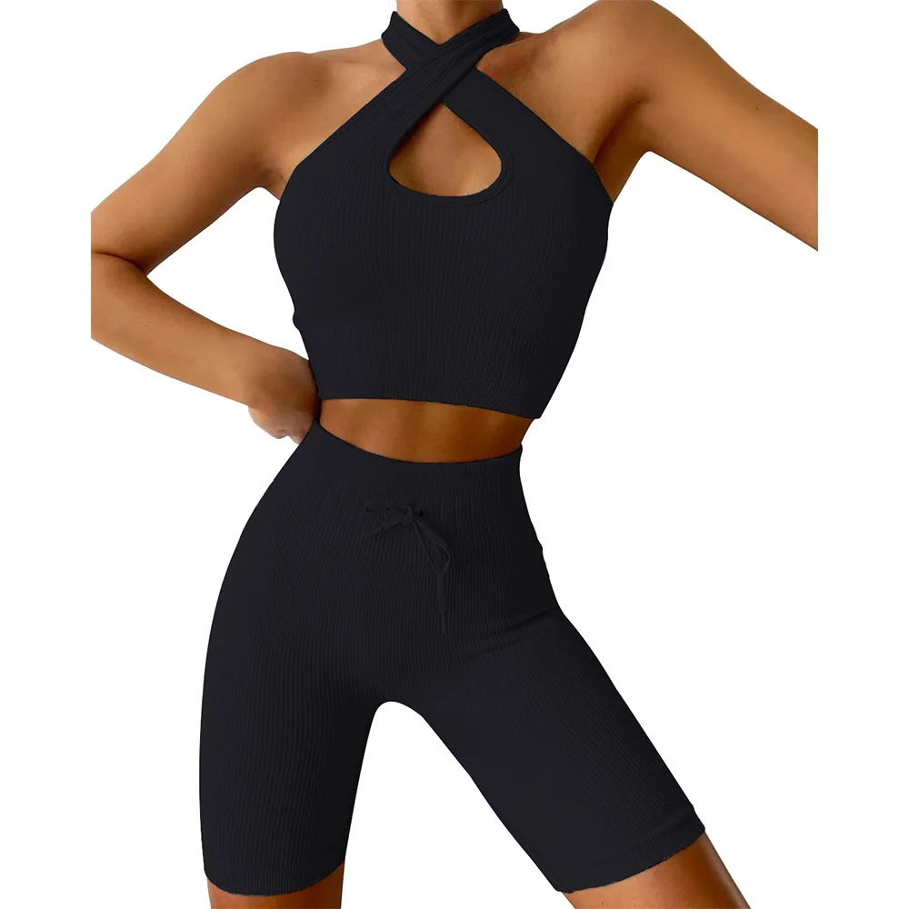 Seamless Sports Yoga Wear Workout Clothes Halter Bra Shorts Piano Line Sports Sets New Women