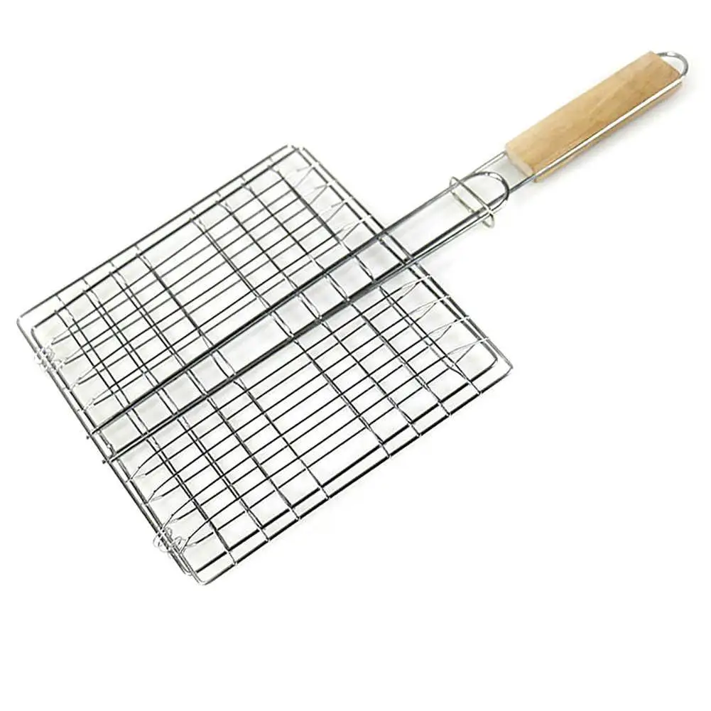 Wire BBQ Net Barbecue Grilling Basket BBQ Net Wooden Handle Meat Fish Clip Holder Durable Barbecue Supply Camp