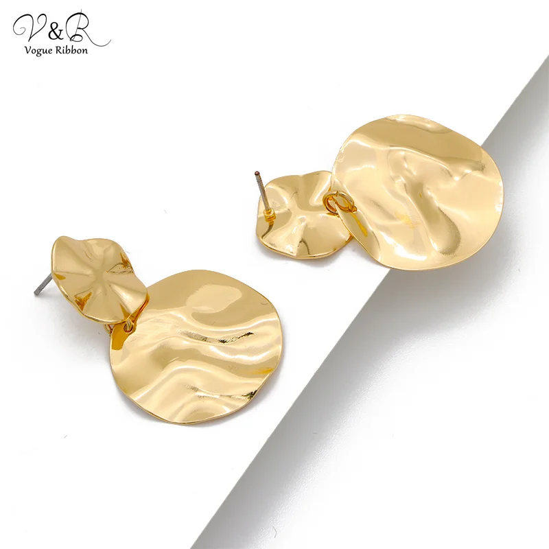 V&R Gold Plated Geometric Wave Hammered Textured Metal Plate Drop Dangle Earring for Women