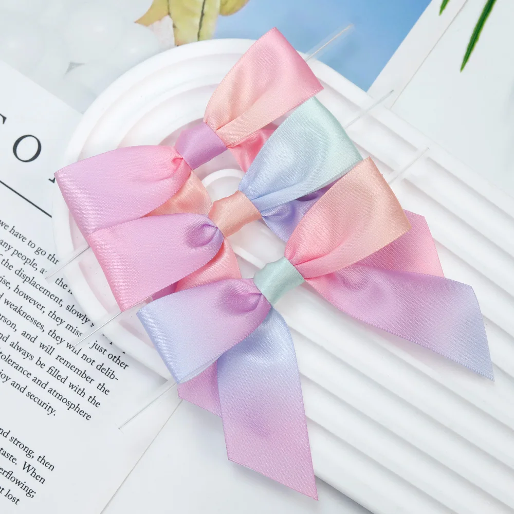 Hot Sale Customized 196 Colors or Rainbow High Quality Twist tie Satin Ribbon Bow Pre-made Gift Ribbon Bow