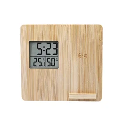 Multifunction Bamboo Cork Wood 2 in 1 Digital Alarm Clock Wireless Charger Stand for desk office
