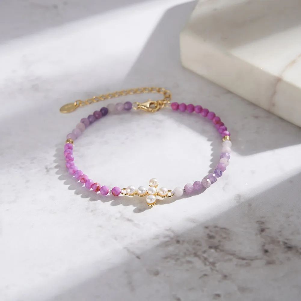 MPB10 RINNTIN Gold Cross Bracelet 925 Sterling Silver Adjustable Natural Freshwater Pearl Purple Mica Bracelet for Women