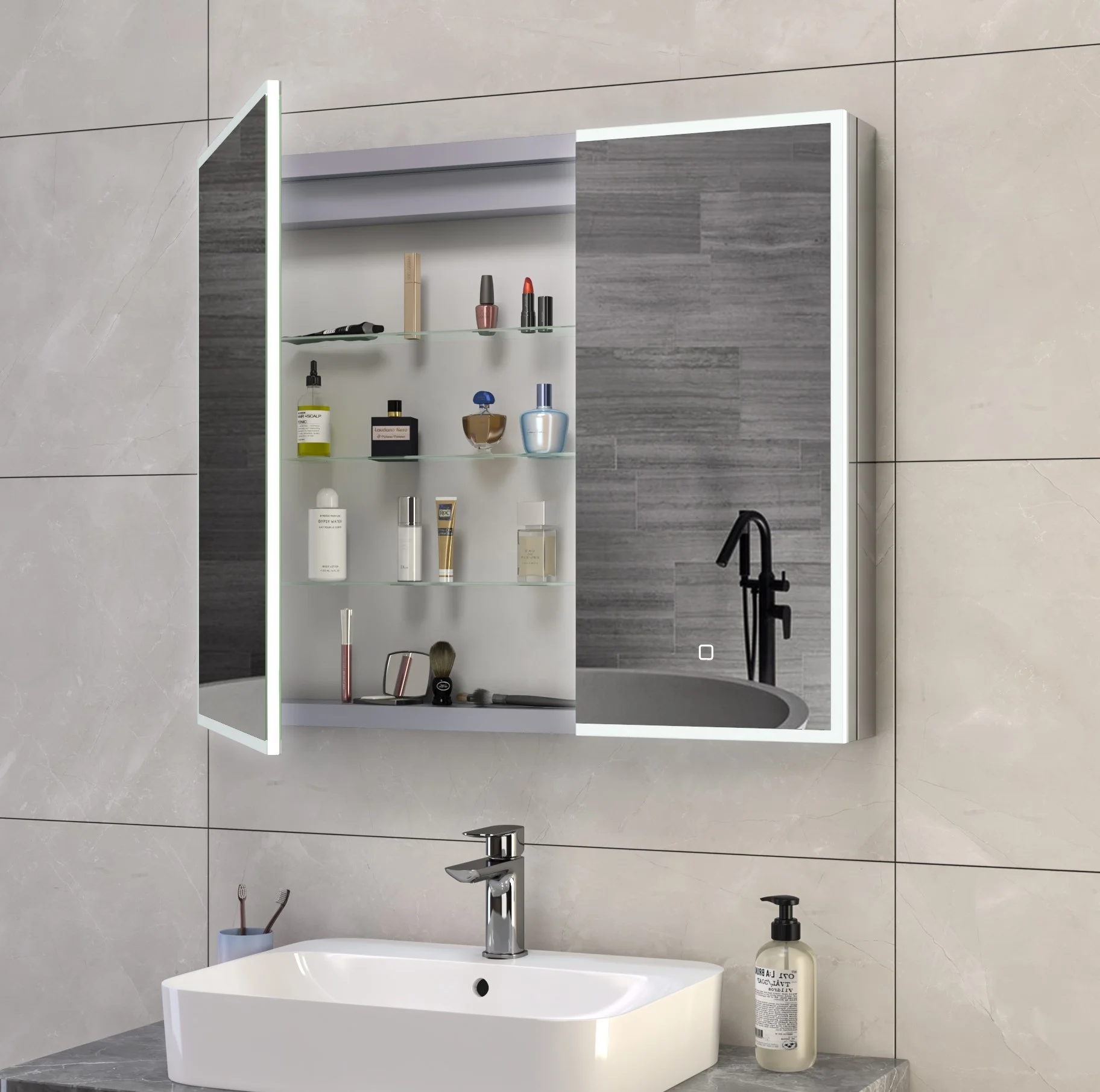 China Factory LED Illuminated Defogger Wall Mounted Stainless Steel Medicine Cabinets for Living Room & Bathroom