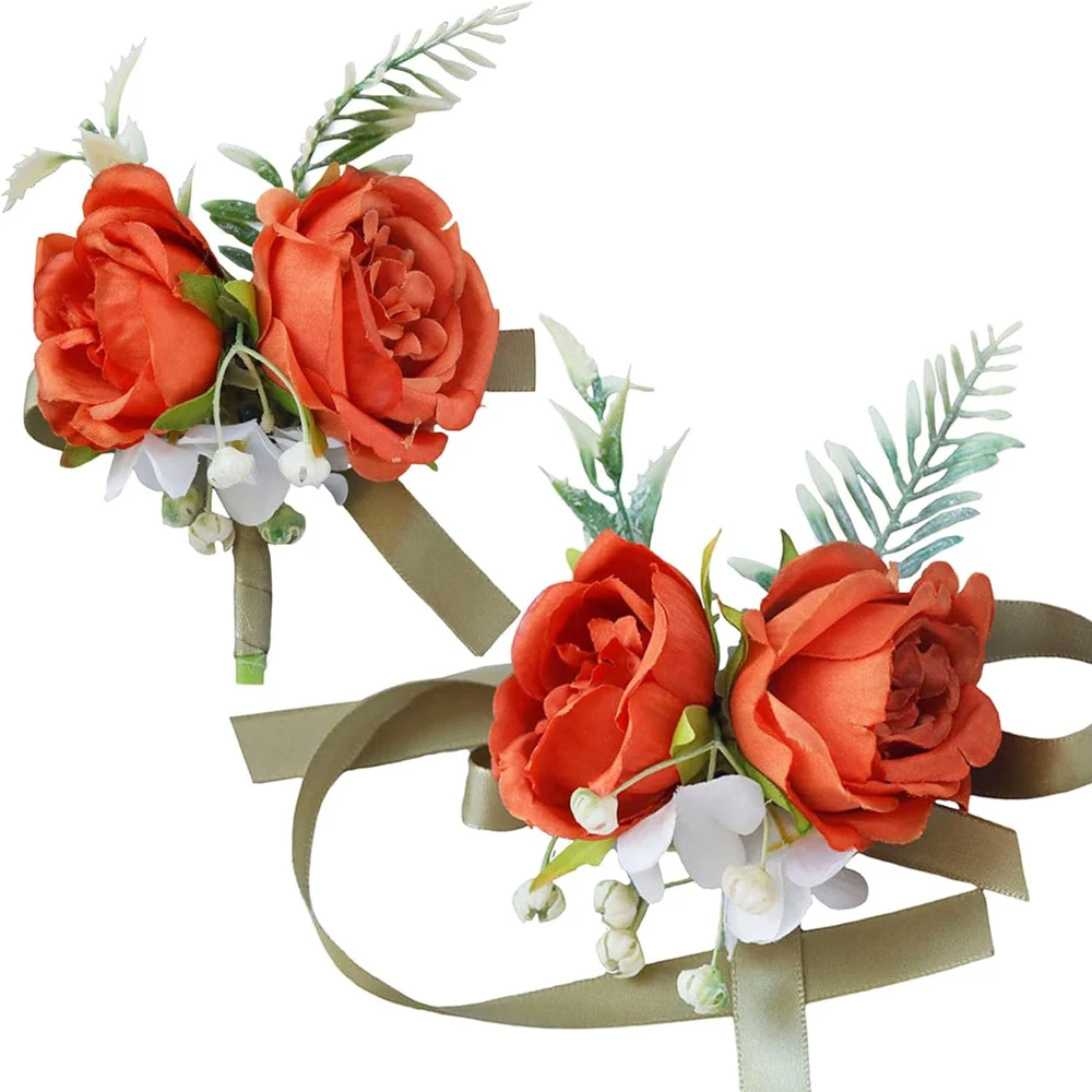 HIPIE Wrist Corsage Bracelets with Ribbon Wristband Orange Bridal Bridesmaid Hand Flower for Wedding Porm Party Decor
