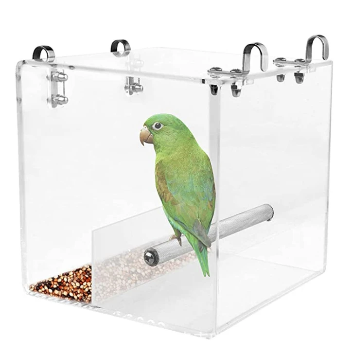 Hanging Transparent Birds Food Container No Mess Feeding Device Acrylic Parrot Automatic Feeder