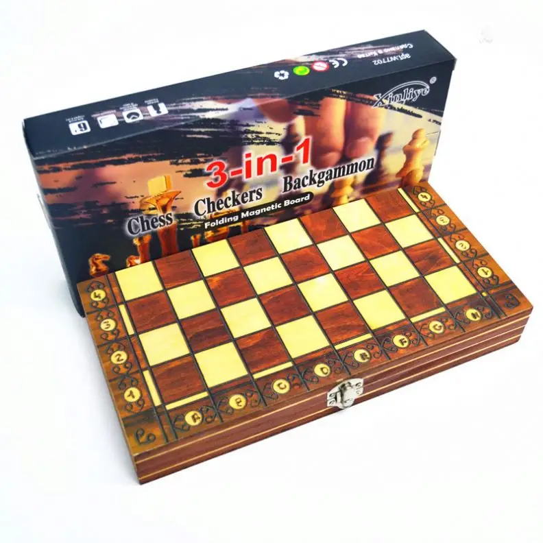 Factory Direct sales Wood magnetic chess 3-in-1 suit portable foldable educational competitive board game toy