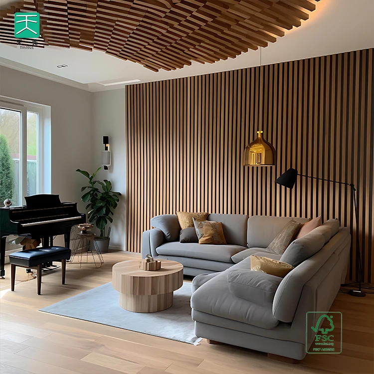 TianGe Wall Cladding Fiber Mdf Akupanel Ceiling Mdf Slat Wall Panels Akustik Wooden Slat Acoustical Panel