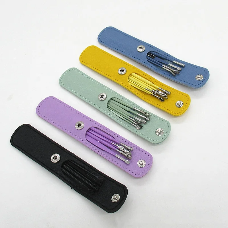 Stainless Steel 6pcs Earpick Wax Remover Set Curette Ear Pick Cleaner Ear Cleaner Spoon Care Ear Clean Tool With PU Bag