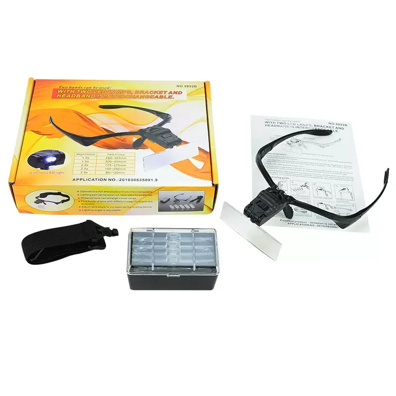 Eyelash Extension Head Mount Magnifier Magnifying Glasses 1X 1.5X 2X 2.5X 3.5X with LED Light 5 Lens Illuminated Magnifier