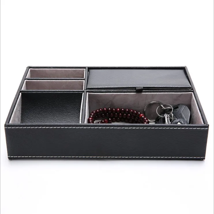 Wholesale PU desk organizer tray valet coin phone tray Drawer Storage Organizer 5 Divider for hotel home office