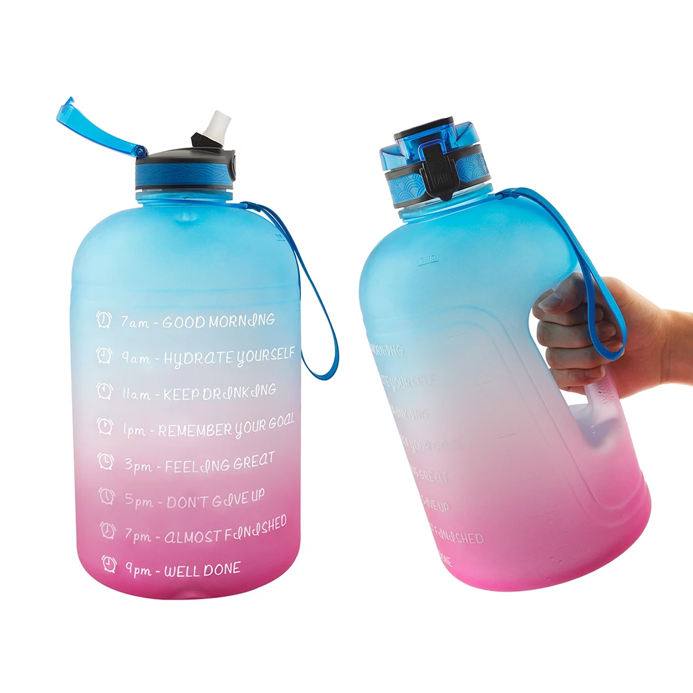 With Time Marker Straw Flip Top Divtop Handle Plastic Big Gym Sports 64 oz 64oz Jugs Motivational Half one 1 Gallon Water Bottle