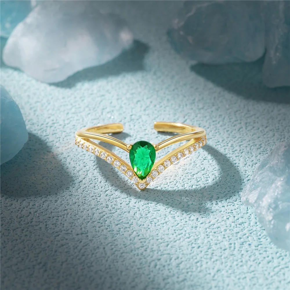 Rings Fine Jewelry Rings Women Green Zircon Engagement S925 Silver 18k Gold Plated Adjustable Open Ring