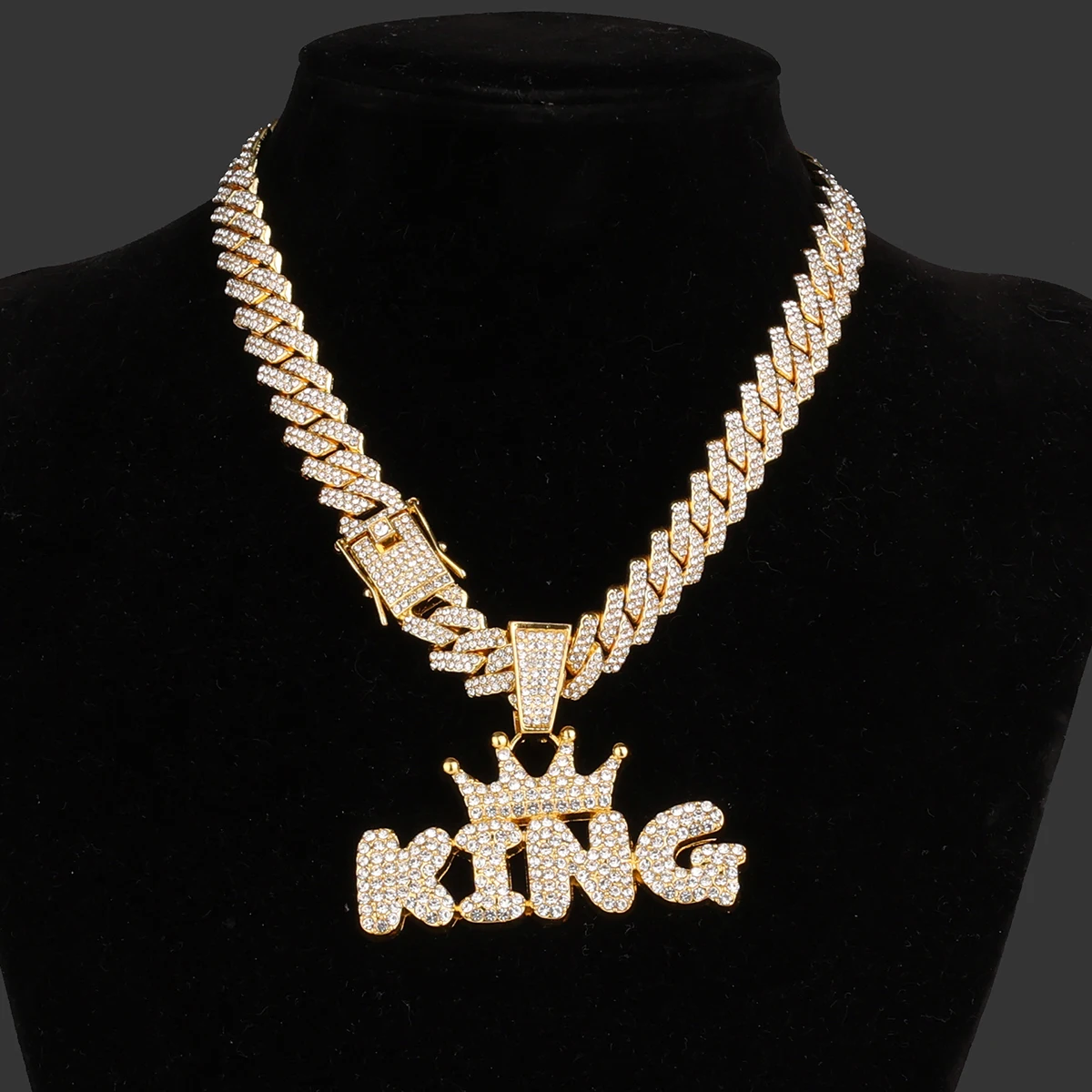 Hip Hop Crown with King Pendant Chunky Iced Out Pendant Chain Cuban Link Necklace for Men Bling Rapper Gifts Fashion Accessory