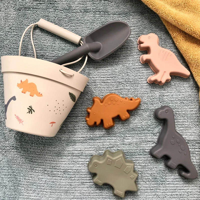Wholesale Custom Logo Summer Sand Bucket Beach Baby Toys Set Dinosaur Shape Eco Soft Silicone Game Play for Kids DIY