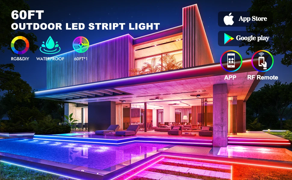 60FT100FT RGB Светодиодные полосы света водонепроницаемый стабильная Надежная производительность красочные RGBIC светодиодные набор