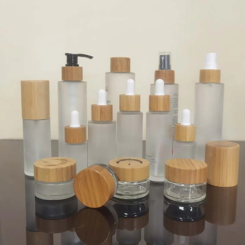 Factory price Wooden bamboo lids glass jars container 30ml 50ml 100ml 120ml bamboo cosmetics containers