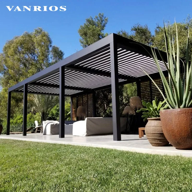 VANRIOS enclosed black outdoor motorized bioclimatique pergola in alluminio sun shade exterior curtains with sliding glass door