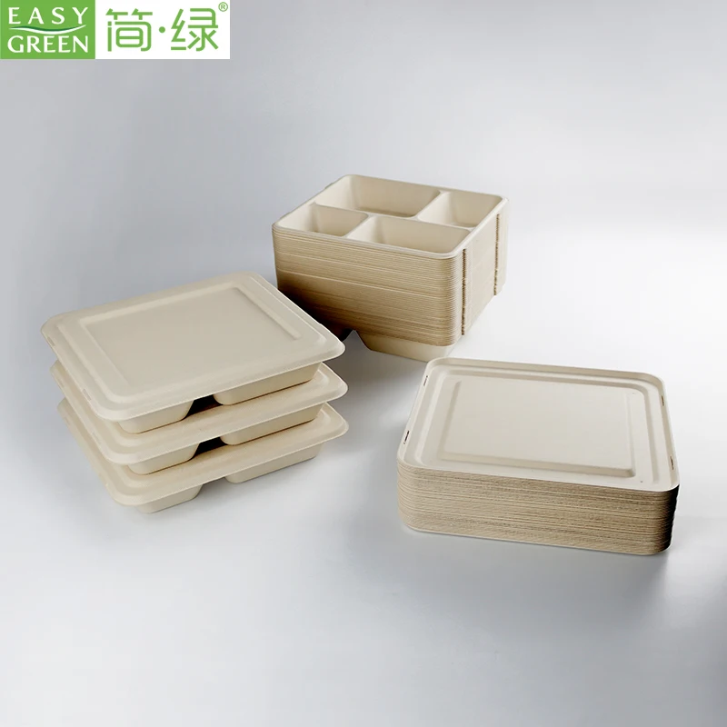 Easy Green Sugarcane Bagasse Food Containers 4 Compartment Take Away Chinese Food Box