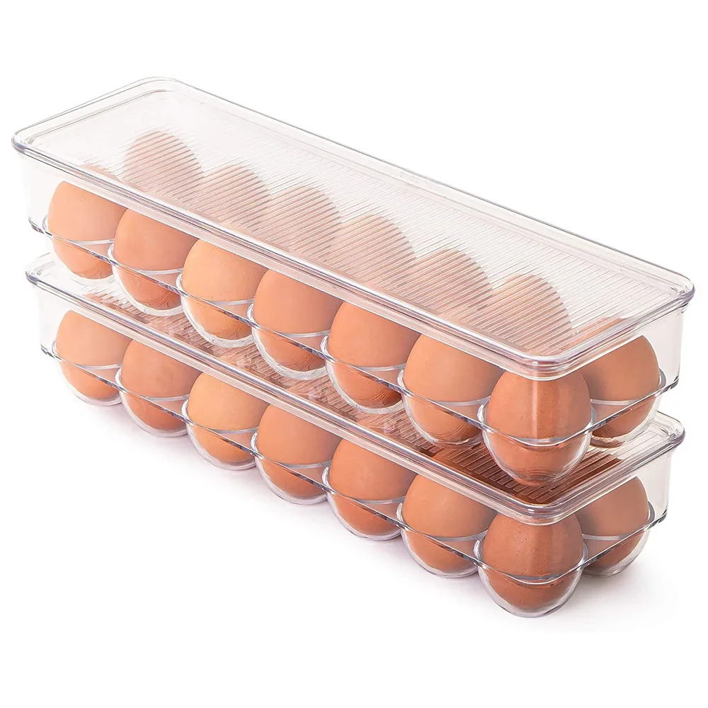 Egg Holder for Refrigerator Plastic Egg Storage Container for Fridge Clear Refrigerator Organizer Bins with Lids Stackable Tray