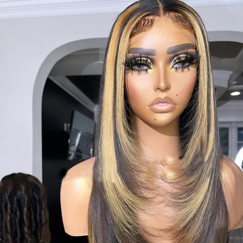 ishe Wholesale Brazilian Remy Human Hair 13x4 Lace Front Wigs honey blonde highlight layered Human Hair Wigs For Black Women