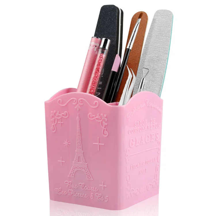 Destly 4 Grids Iron Tower Plastic Nail Brush Cosmetics Brush Storage Box Purple Pink Blue Manicure Tools