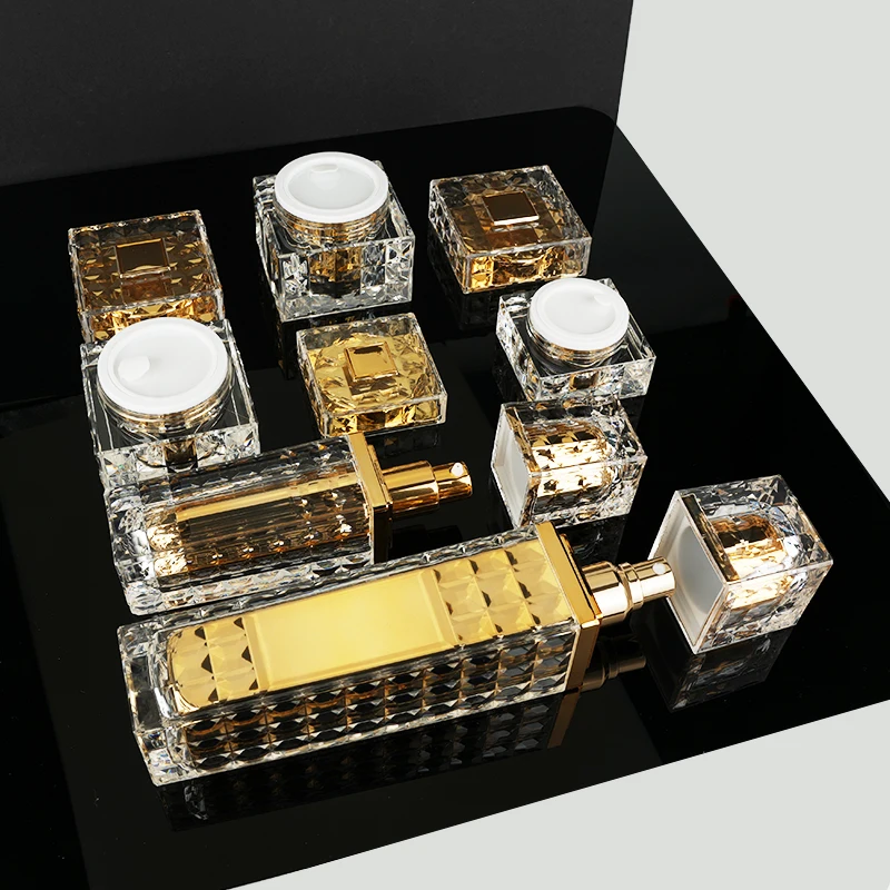 20g 30g 50g cream jar 30ml 100ml lotion bottle Square Shape Acrylic Container Golden Cosmetic Packaging Empty Skin Care Set