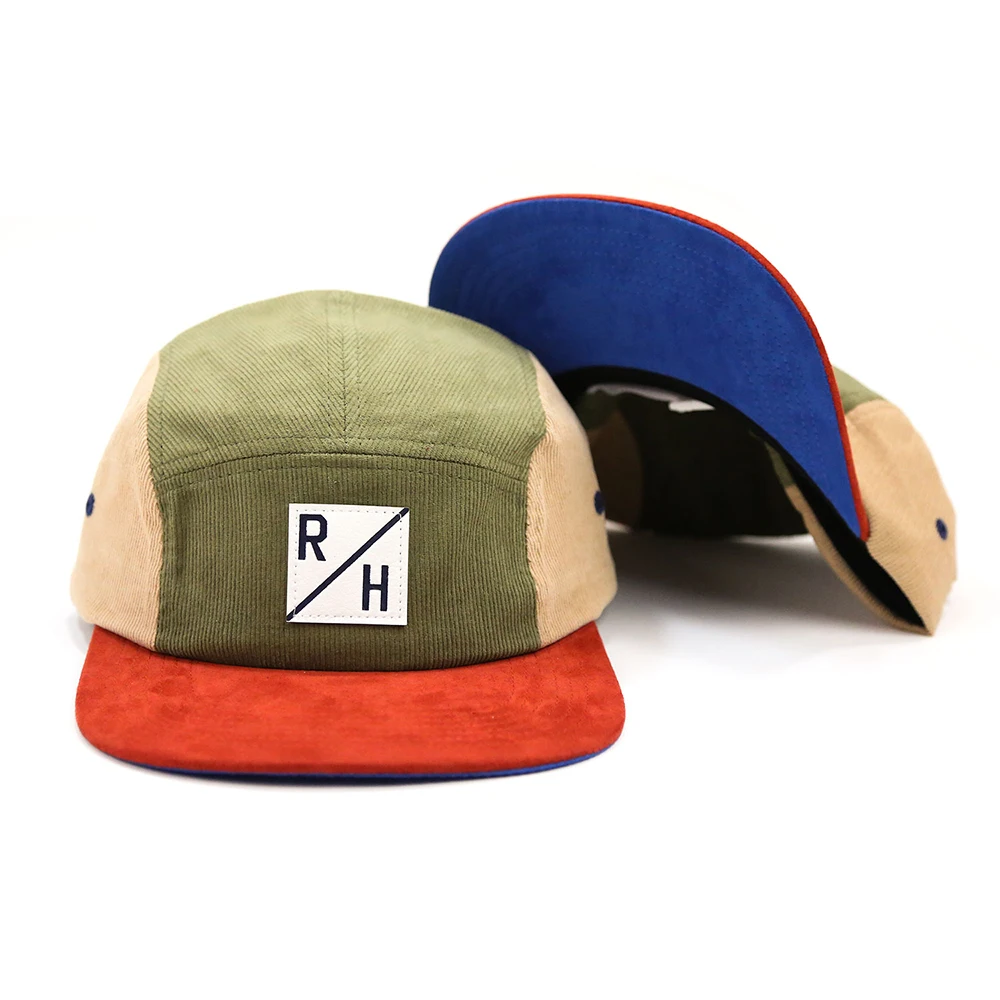 custom retro sports kids children cute colorblock tri color patch corduroy 5 panel hat leather patch manufacturer