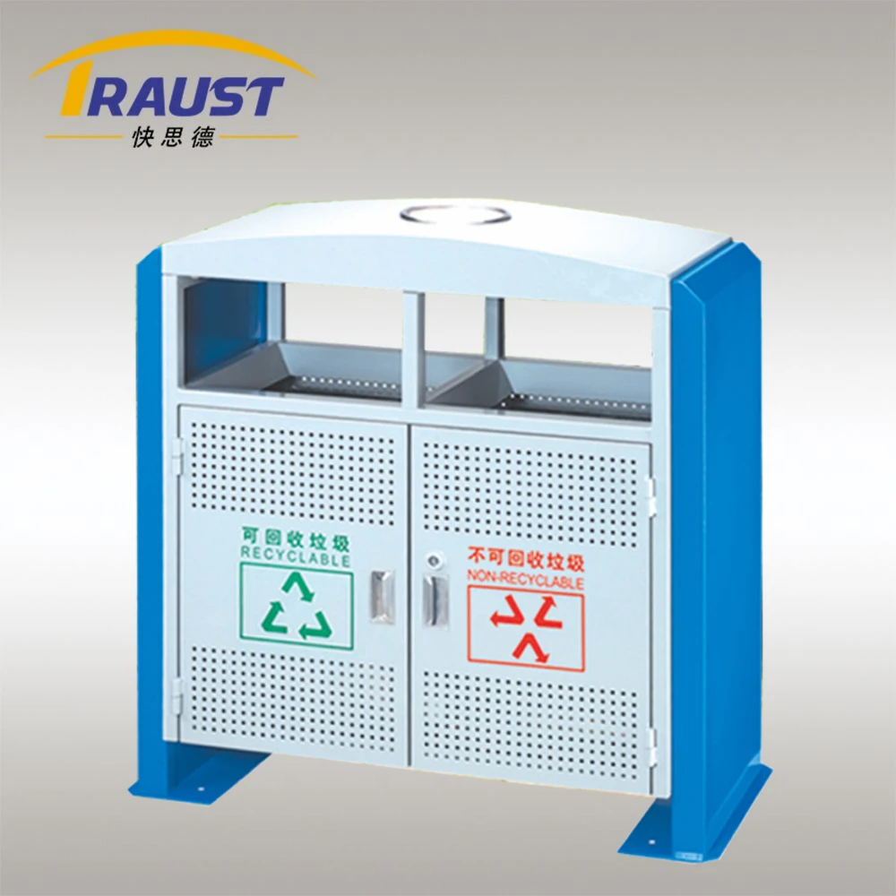 Traust 2 dual two compartment outdoor metal dustbin trash can litter bin waste receptacle container sorting recycle bin with lid