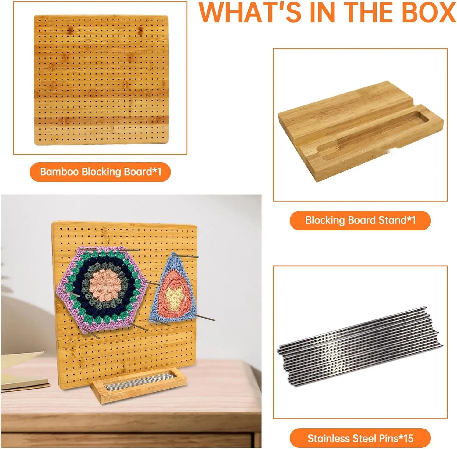 Blocking Board for Crocheting with 15 Stainless Steel Rods Crochet Blocking Board Large Base Bamboo Granny Square with Pegs