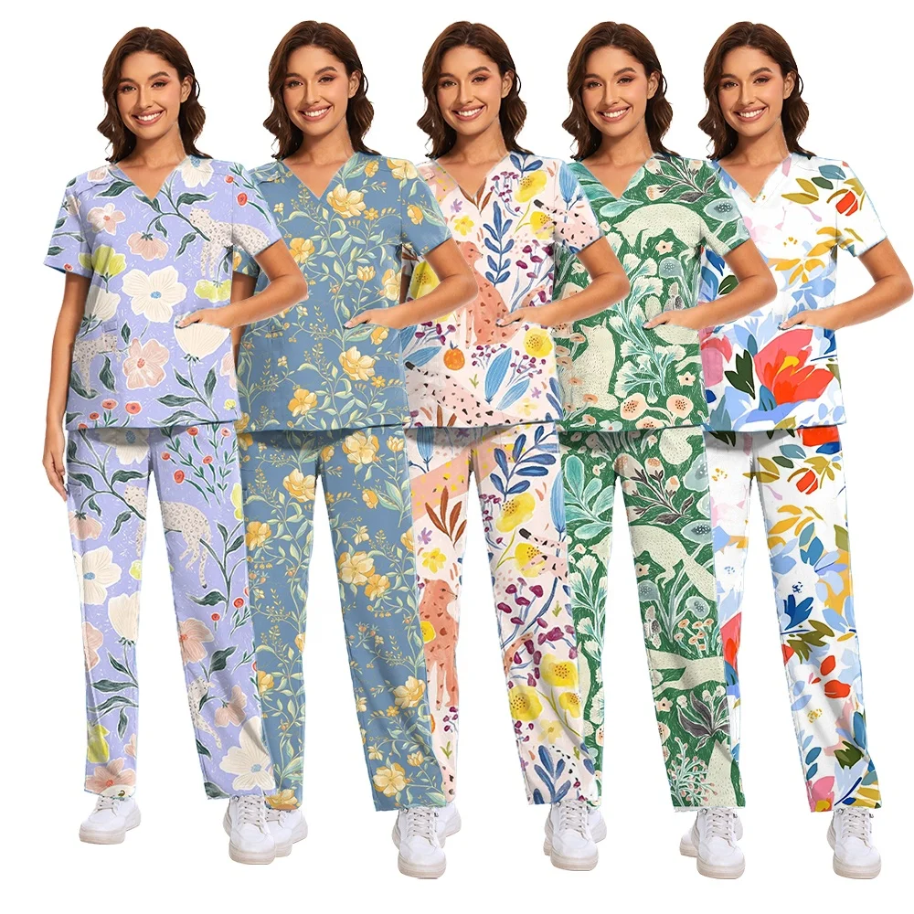 2024 Flowers Scrub Tops Women Cute Print Nurse Uniforms Scrubs Comfortable Hospital Women Printed Nursing Scrub Sets