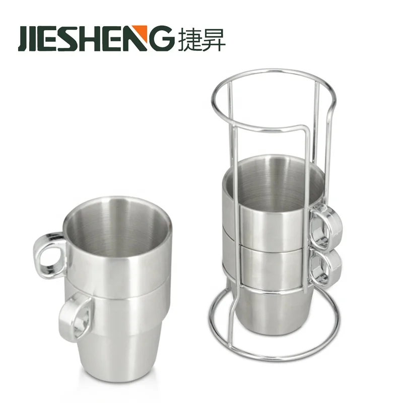 Stackable Custom Logo Double Wall Espresso Cup Set Stainless Steel Coffee Cup with Rack