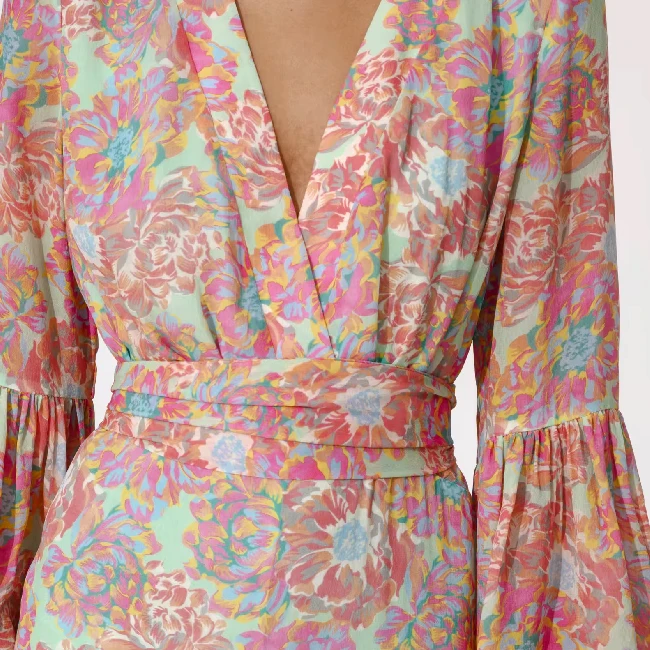 Customization Women Casual Chiffon V-neck High Split Floral Print Long Sleeve Maxi Dress