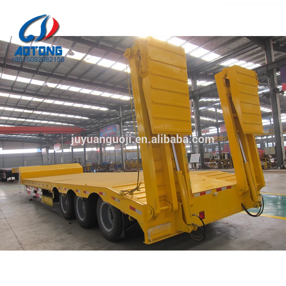 Direct selling 80tons tri-axle heavy objects transporter low bed semi trailer low flatbed truck trailers detachable gooseneck